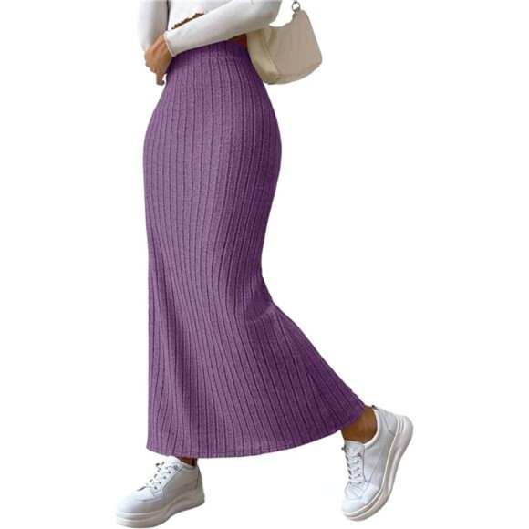 Women's Side Slit Ribbed Knit Bodycon Long Skirts Purple - Picture 1 of 5